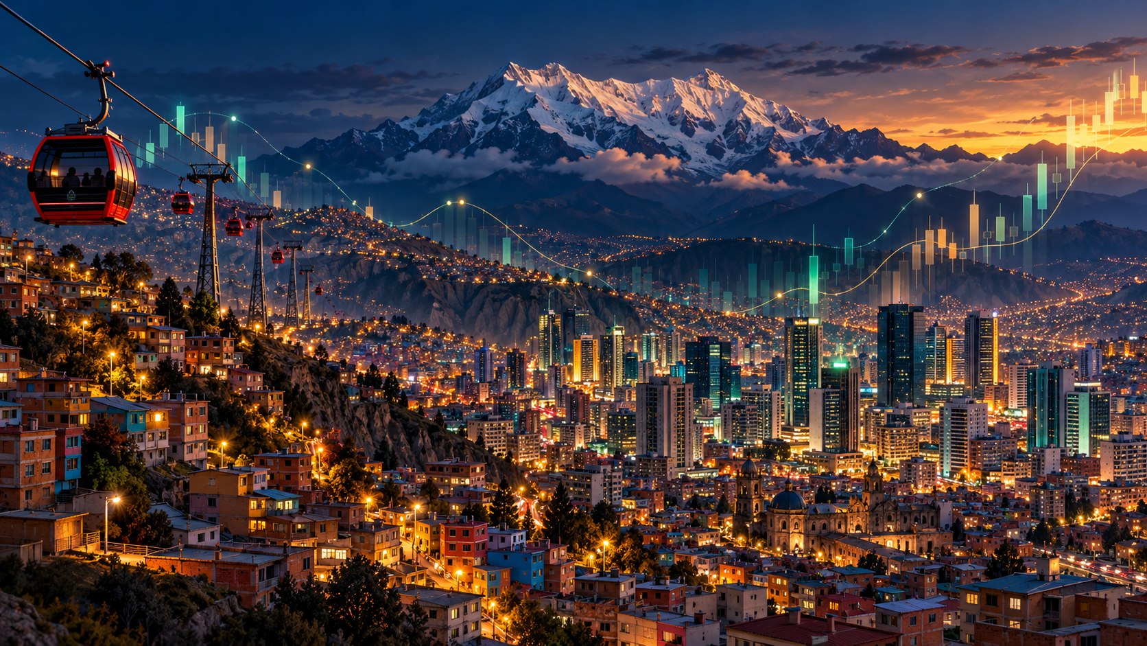 La Paz con el Illimani y el teleférico, integrada con trazos de datos económicos